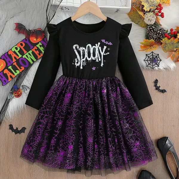 【2Y-8Y】Girls Halloween Letter Print Spliced ​​Spider Web Dress - Popopieshop.com 
