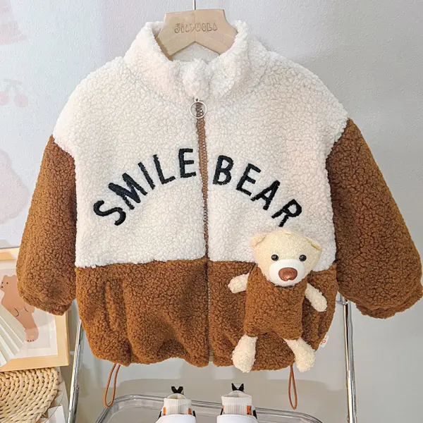 【12M-5Y】Unisex Cute Lamb Fleece Keep Warm Letter Embroidered Colorblock High Neck Coat - Popopieshop.com 