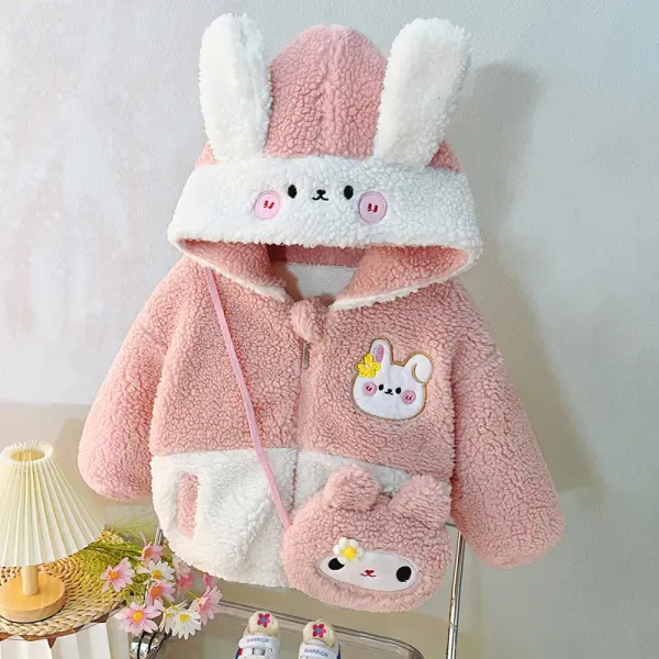 【12M-5Y】2-piece Girls Cute Lamb Fleece Keep Warm Rabbit Embroidery Hooded Coat With Crossbody Bag - Popopieshop.com 