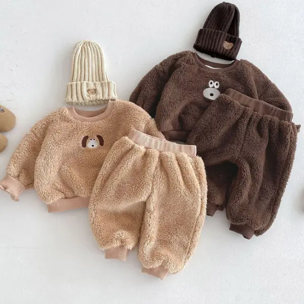 【6M-5Y】2-piece Unisex Cute Flannel Keep Warm Bear Embroidered Round Neck Sweatshirt And Pants Set - Popopieshop.com 