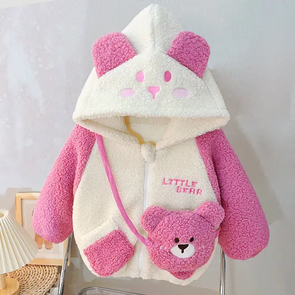 【12M-5Y】2-piece Girls Cute Lamb Fleece Keep Warm Bear Embroidery Hooded Coat With Crossbody Bag - Popopieshop.com 