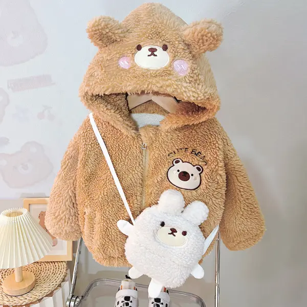 【12M-5Y】2-piece Girls Cute Imitation Cashmere Keep Warm Bear Embroidered Hooded Coat With Crossbody Bag - Popopieshop.com 
