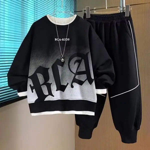 【3Y-15Y】2-piece Boys Casual Cotton Gradient Letters Print Round Neck Sweatshirt And Pants Set - Popopieshop.com 