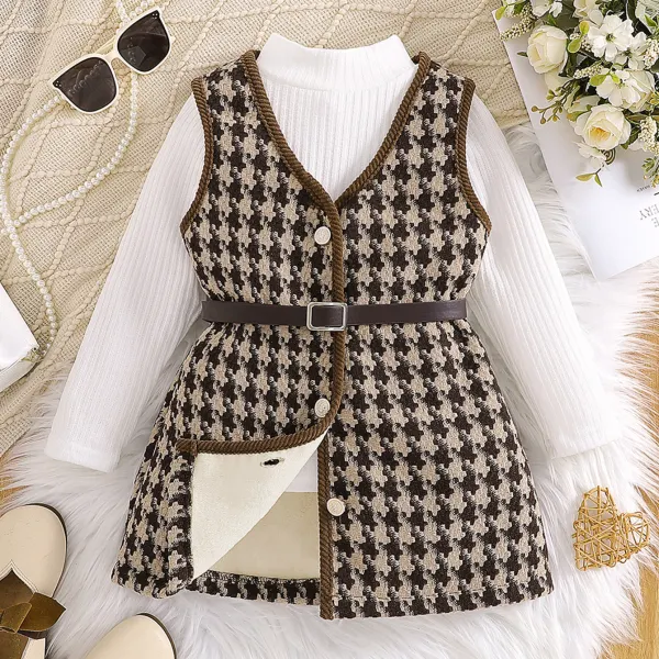 【3Y-7Y】3-piece Girls Casual Fashion White T-shirt And Padded Grippy Houndstooth Tweed Vest Dress Set With Belt - Popopieshop.com 