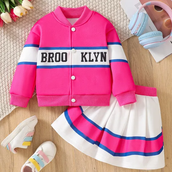 【3Y-7Y】2-piece Girls Casual Fashion Letter Print Baseball Jacket And Pleated Skirt Set - Popopieshop.com 