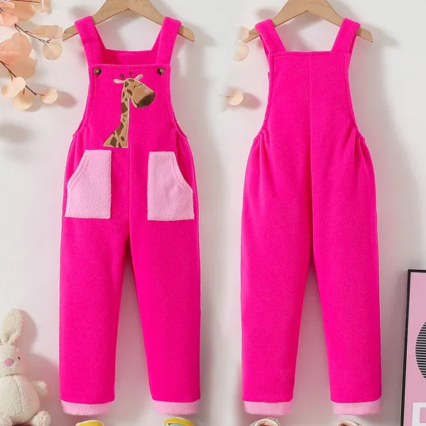 【3Y-7Y】Girls Cute Giraffe Embroidered Rose Fleece Overalls - Popopieshop.com 
