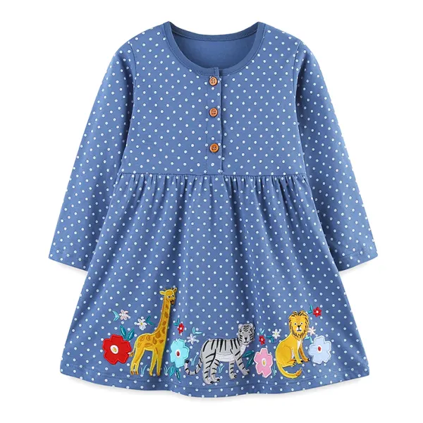 【1Y-7Y】Girls Cute Cartoon Flower And Giraffe And Tiger Embroidered Blue Polka Dot Dress - Thepopopie.com 