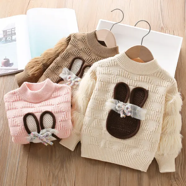 【18M-6Y】Girls Cute Bow Bunny Embroidered Round Neck Sweater - Popopieshop.com 