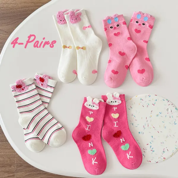 【1Y-11Y】4-pair Cute Bunny Embroidered Bow Heart Shape Letter Jacquard Socks - Popopieshop.com 