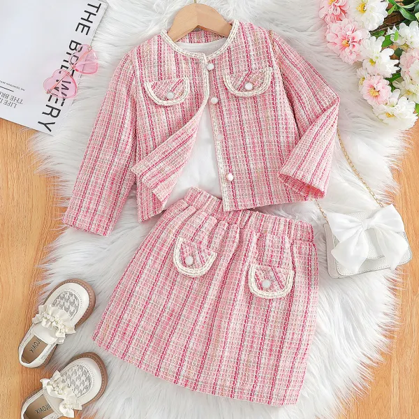 【3Y-7Y】2-piece Girls Sweet Fashion Pink Tweed Jacket And Skirt Set (T-shirt Not Included) - Popopieshop.com 