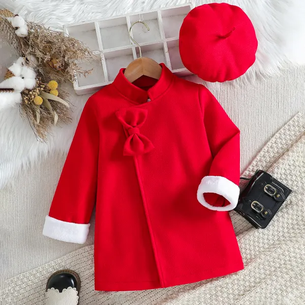 【3Y-7Y】2-piece Girls Red Bow Tweed Jacket And Hat - Popopieshop.com 
