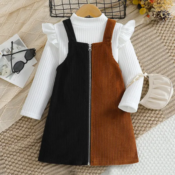 【3Y-7Y】2-piece Girls Casual Fashion White T-shirt And Corduroy Sling Dress Set - Popopieshop.com 