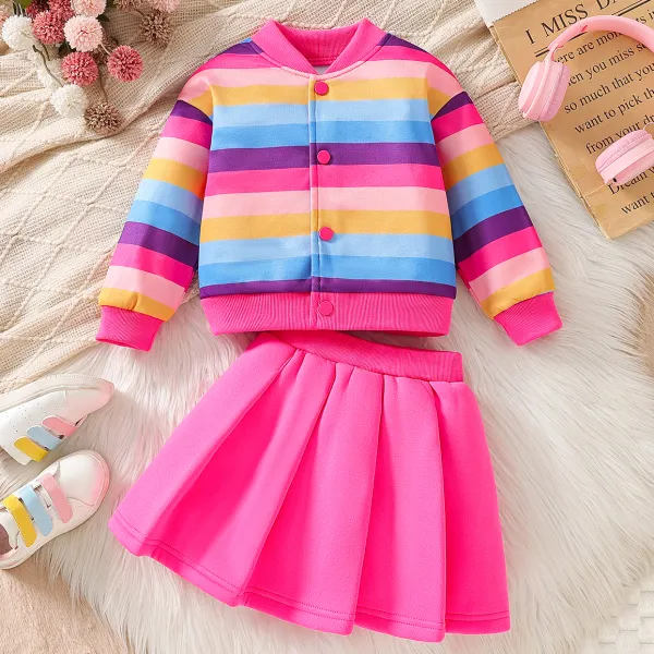 【3Y-7Y】2-piece Girls Casual Fashion Rainbow Color Baseball Jacket And Rose Pleated Skirt Set - Popopieshop.com 