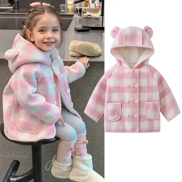 【12M-5Y】Girls Cute Pink Plaid Plus Velvet Keep Warm Hooded Coat - Popopieshop.com 