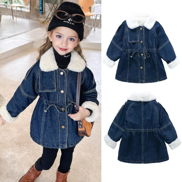 【18M-8Y】Girls Fashion Plus Velvet Keep Warm Lapel Denim Coat - Popopieshop.com 