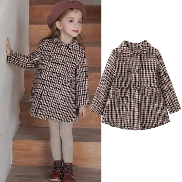 【18M-7Y】Girls Retro Plaid Keep Warm Lapel Coat - Popopieshop.com 