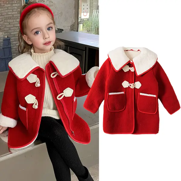 【18M-8Y】Girls Red Tweed Plus Velvet Keep Warm Lapel Coat - Popopieshop.com 