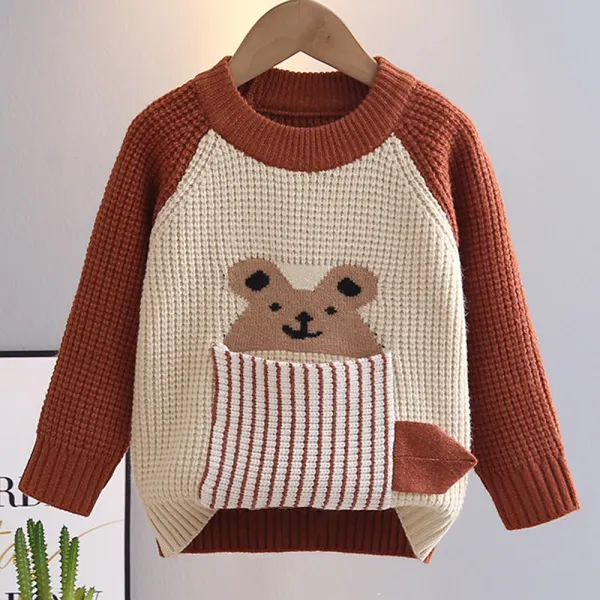 【18M-6Y】Boys Pocket Bear Pattern Round Neck Long Sleeve Sweater - Popopieshop.com 