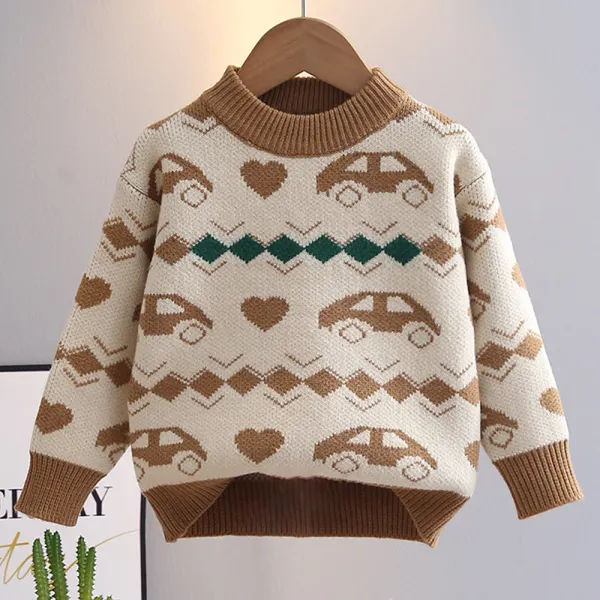 【18M-6Y】Boys Car Pattern Round Neck Long Sleeve Sweater - Popopieshop.com 