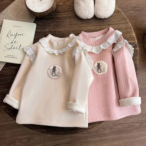 【12M-8Y】Girls Sweet Rabbit Embroidery Plus Velvet Keep Warm Long Sleeve T-shirt - Popopieshop.com 