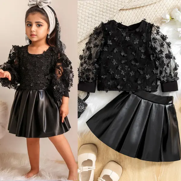 【18M-6Y】2-piece Girls Fashion Black Floral Mesh Long Sleeve Top And Faux Leather Pleated Skirt Set - Popopieshop.com 