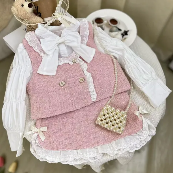 【2Y-8Y】3-piece Girls Chanel Style Bowknot Puff Sleeve Shirt And Tweed Vest Coat And Skirt Set - Popopieshop.com 