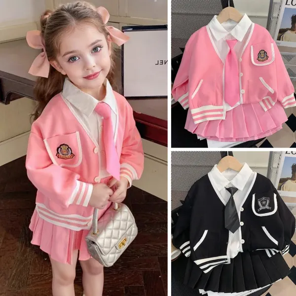 【3Y-10Y】3-piece Girls School Style White Lapel Shirt V-neck Jacket And Pleated Skirt Suit - Popopieshop.com 