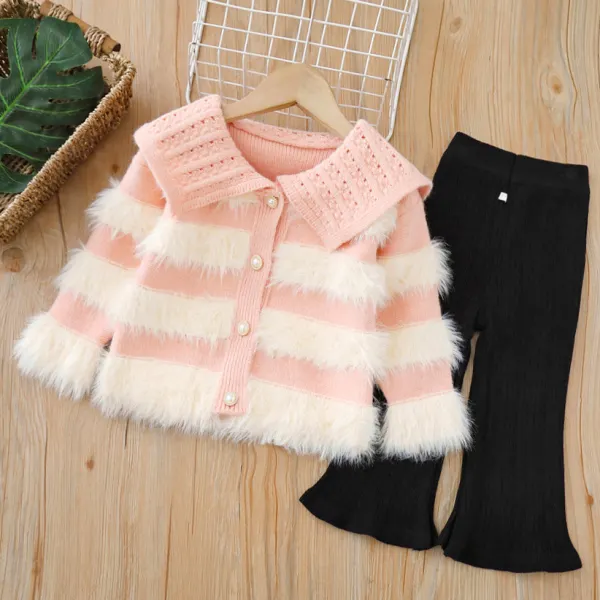 【18M-6Y】2-piece Girls Elegant Lapel Sweater Cardigan And Pants Set - Popopieshop.com 