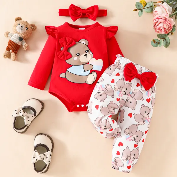 【0M-18M】3-piece Baby Girl Cute Bear Print Romper And Pants Set With Bow Hairband - Popopieshop.com 