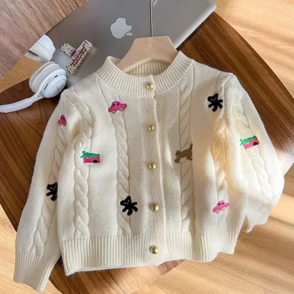 【2Y-10Y】Girls Sweet Cartoon Embroidered Round Neck Sweater Coat - Popopieshop.com 