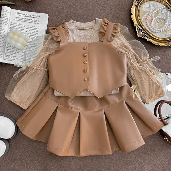【18M-10Y】3-piece Girls Fashion Puff Sleeve Long Sleeve T-shirt And Leather Sleeveless Tank Top And Skirt Set - Popopieshop.com 