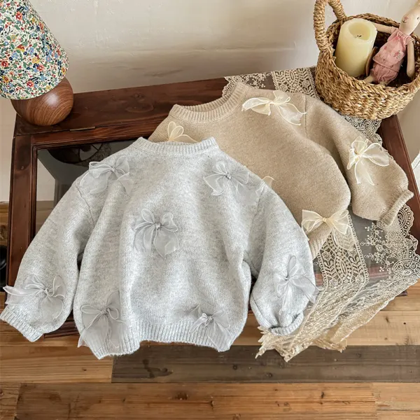 【18M-8Y】Girls Sweet Bowknot Round Neck Sweater - Popopieshop.com 