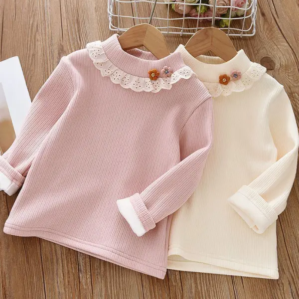 【12M-8Y】Girls Sweet Solid Color Lace Plus Velvet Keep Warm Long Sleeve T-shirt - Popopieshop.com 