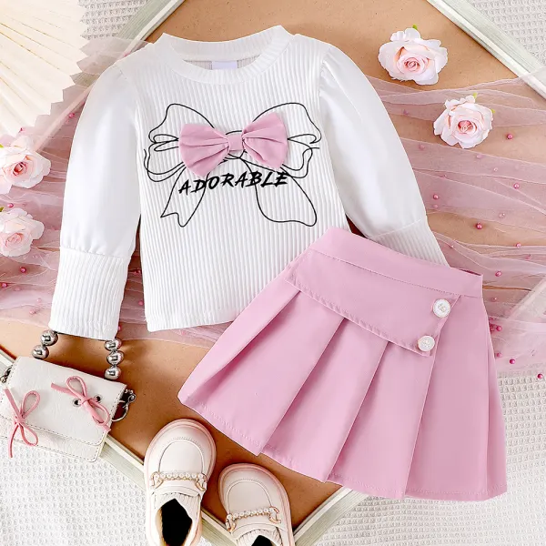 【12M-5Y】2-piece Girls Sweet Bowknot Print Round Neck Puff Sleeve T-shirt And Pleated Skirt Set - Popopieshop.com 