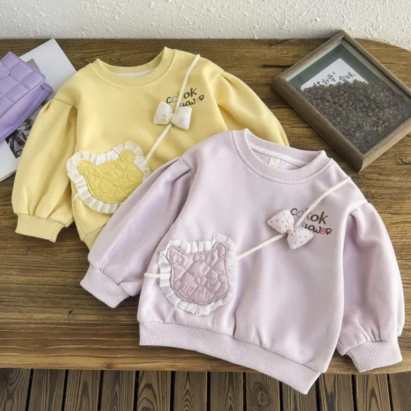 【18M-6Y】Girls Cute Fake Pockets Embroidered Round Neck Sweatshirt - Popopieshop.com 