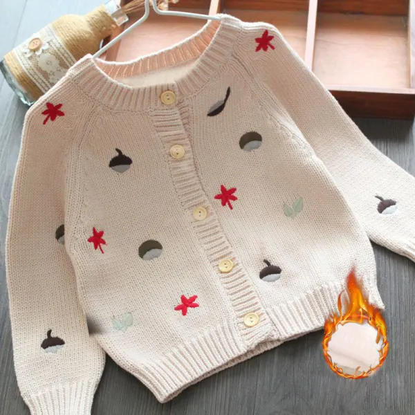 【12M-6Y】Girls Sweet Cartoon Embroidery Plus Velvet Keep Warm Round Neck Sweater Coat - Popopieshop.com 