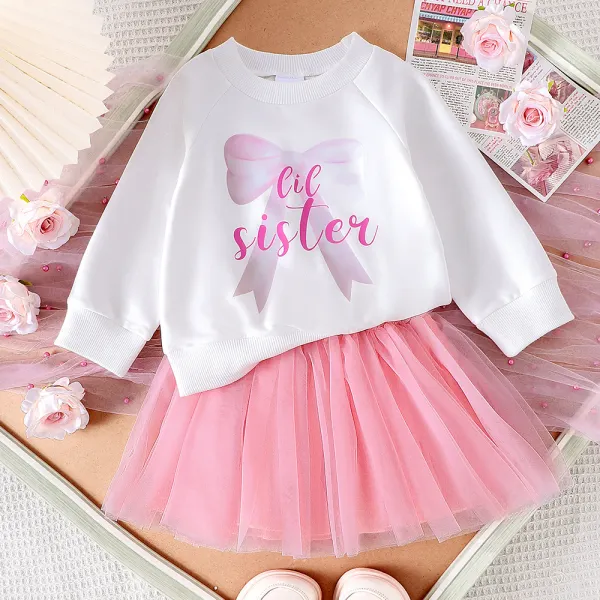 【6M-4Y】2-piece Girls Cute Bowknot Printe Round Neck Sweater And Pink Mesh Puffy Skirt Set - Popopieshop.com 