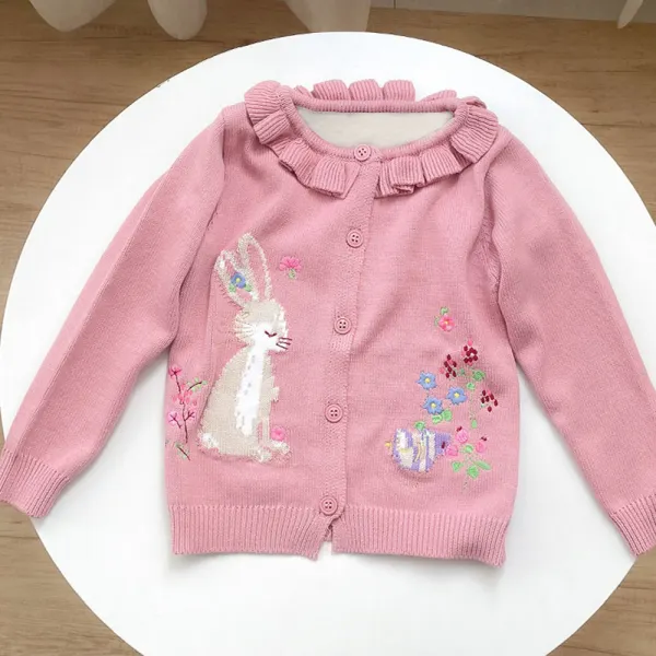 【18M-8Y】Girls Sweet Rabbit Floral Small Ruffled Sweater Coat - Popopieshop.com 