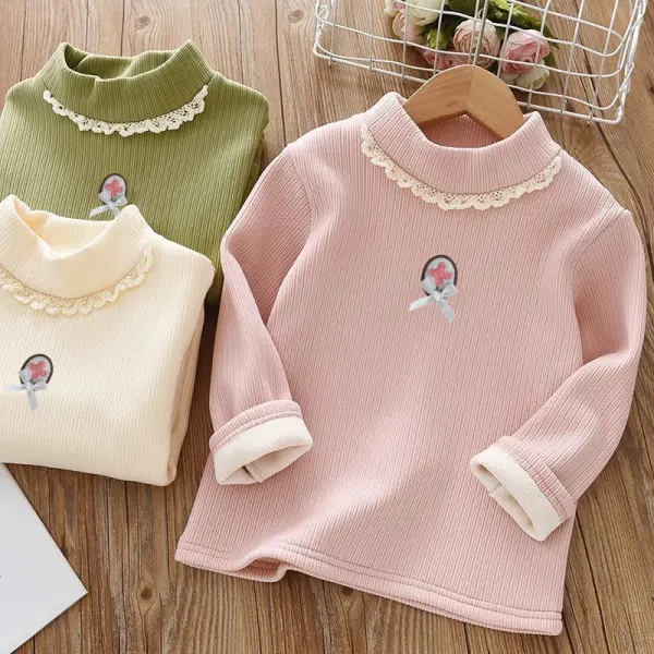 【12M-10Y】Girls Sweet Floral Embroidery Plus Velvet Keep Warm Long Sleeve T-shirt - Popopieshop.com 