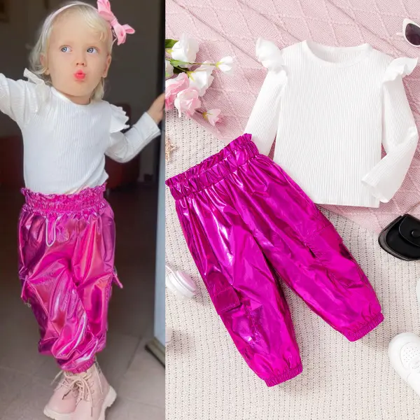 【18M-6Y】2-piece Girl Fashion White Ruffled Long-sleeved T-shirt And Rose Red Pants Suit - Popopieshop.com 