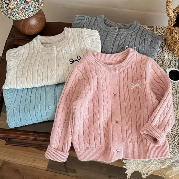 【18M-8Y】Girls Sweet Bowknot Embroidered Round Neck Sweater Coat - Popopieshop.com 