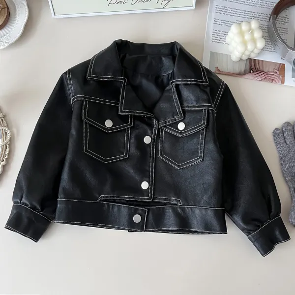 【18M-8Y】Girls Black PU Leather Jacket - Popopieshop.com 