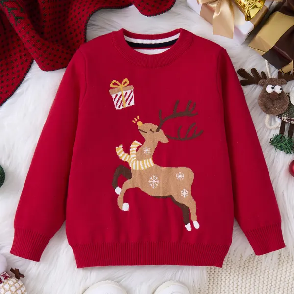【3Y-10Y】Unisex Kids Red Christmas Elk Pattern Round Neck Long Sleeve Sweater Only $22.99 - Popopieshop.com 