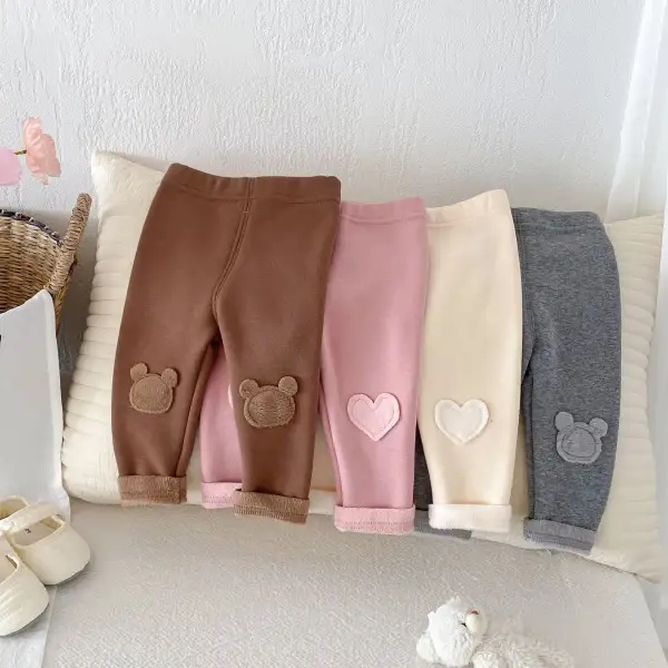 【6Y-5Y】Girls Cute Cartoon Bear And Heart Shape Embroidered Padded Fleece Leggings - Popopieshop.com 