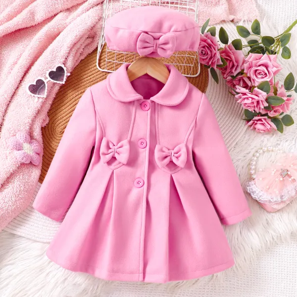 【2Y-7Y】2-piece Girls Sweet And Elegant Pink Tweed Trench Coat And Bow Hat - Popopieshop.com 