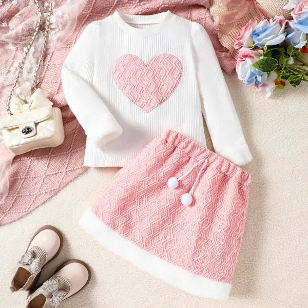 【1Y-6Y】2-piece Girls Sweet Elegant Heart Embroidered White T-shirt And Pink Skirt Set - Popopieshop.com 