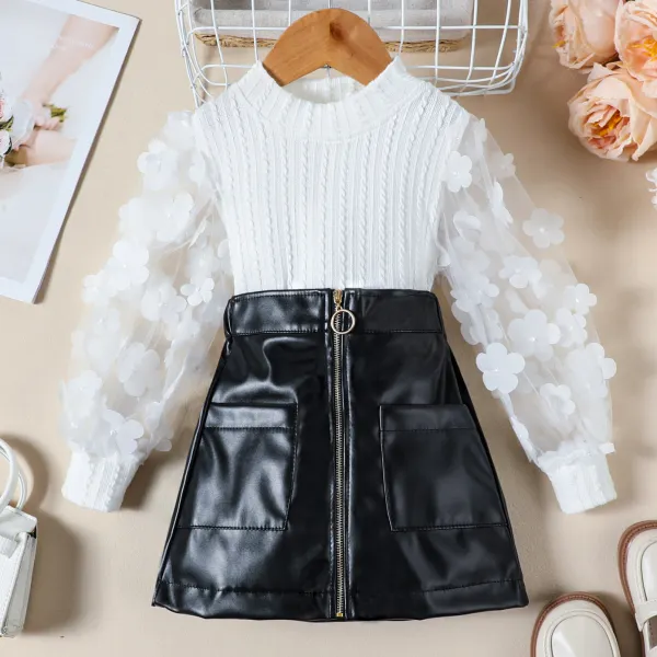 【18M-6Y】2-piece Girls Sweet And Stylish Floral Embroidered T-shirt And PU Skirt Set - Popopieshop.com 