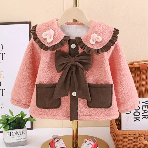 【12M-5Y】Girls Sweet Lamb Fleece Keep Warm Doll Collar Bowknot Coat - Popopieshop.com 