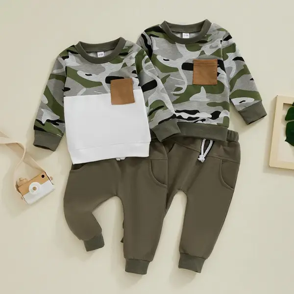 【3M-3Y】2-piece Baby Boy Casual Cotton Camo Print Round Neck Sweatshirt And Pants Set - Popopieshop.com 