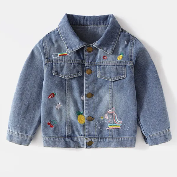 【12M-5Y】Girls Sweet Rainbow Unicorn Strawberry Embroidered Lapel Blue Denim Jacket - Popopieshop.com 